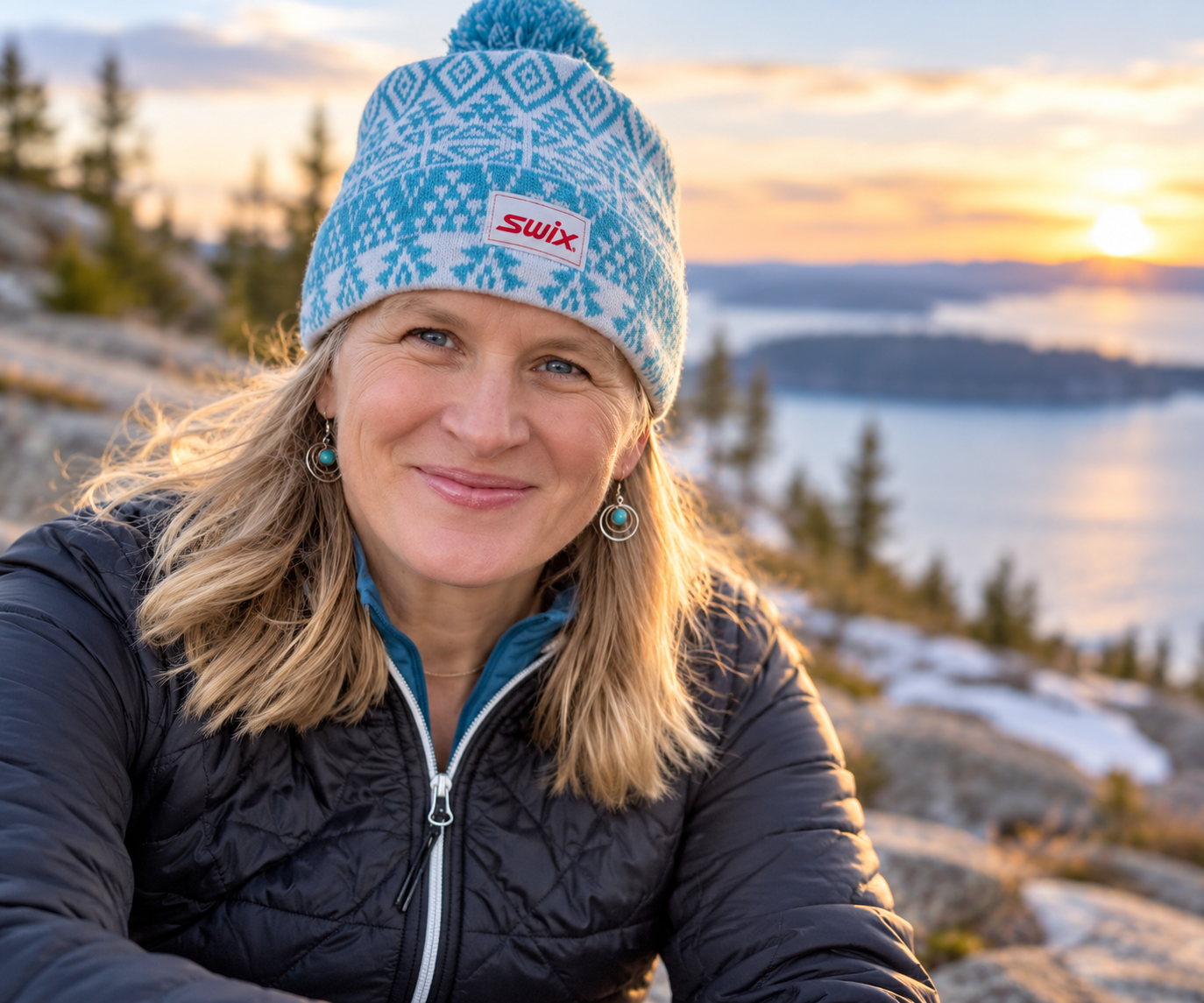 Kirsten Alburg, founder of LIV, smiling on a rocky overlook above Lake Superior at sunset