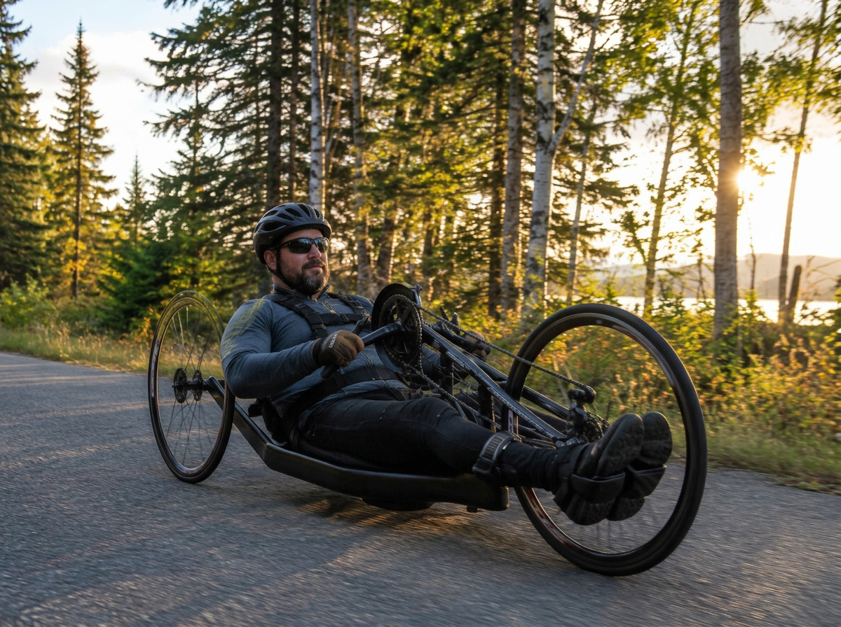 A man riding a recumbent handcycle on a forest road at golden hour