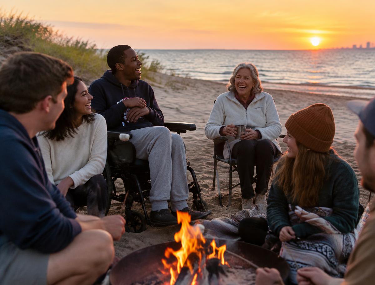 Friends and family laughing around a beach campfire at sunset